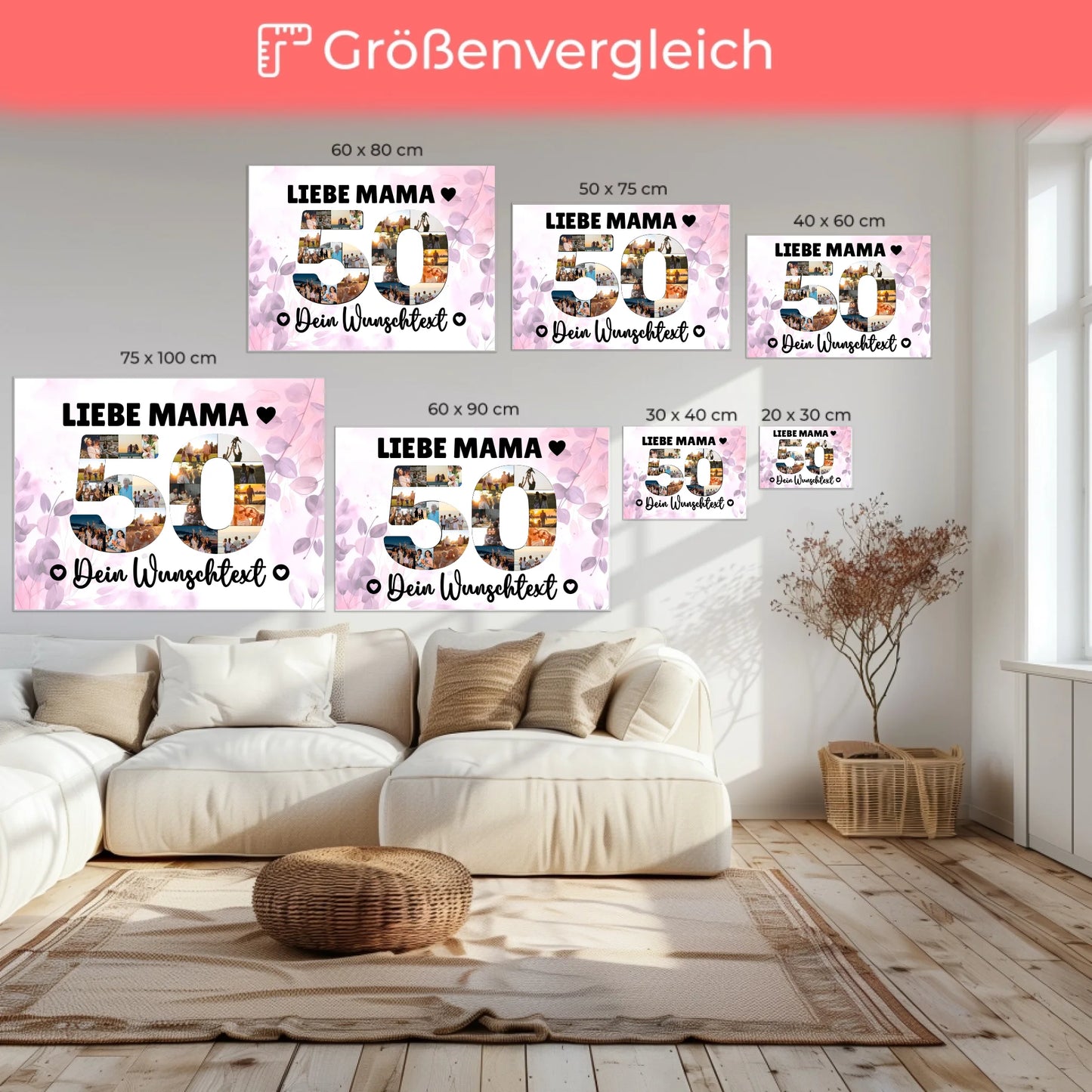 Personalisierte Fotoleinwand mit Wunschtext 50 Geburtstag Mama