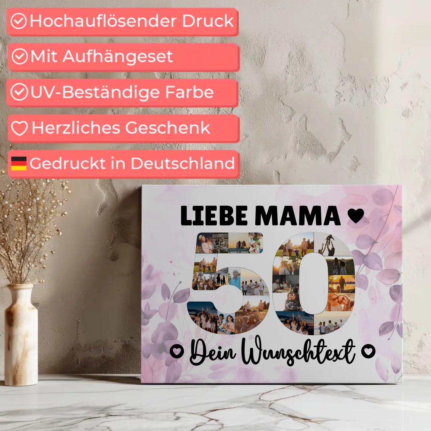 Personalisierte Fotoleinwand mit Wunschtext 50 Geburtstag Mama