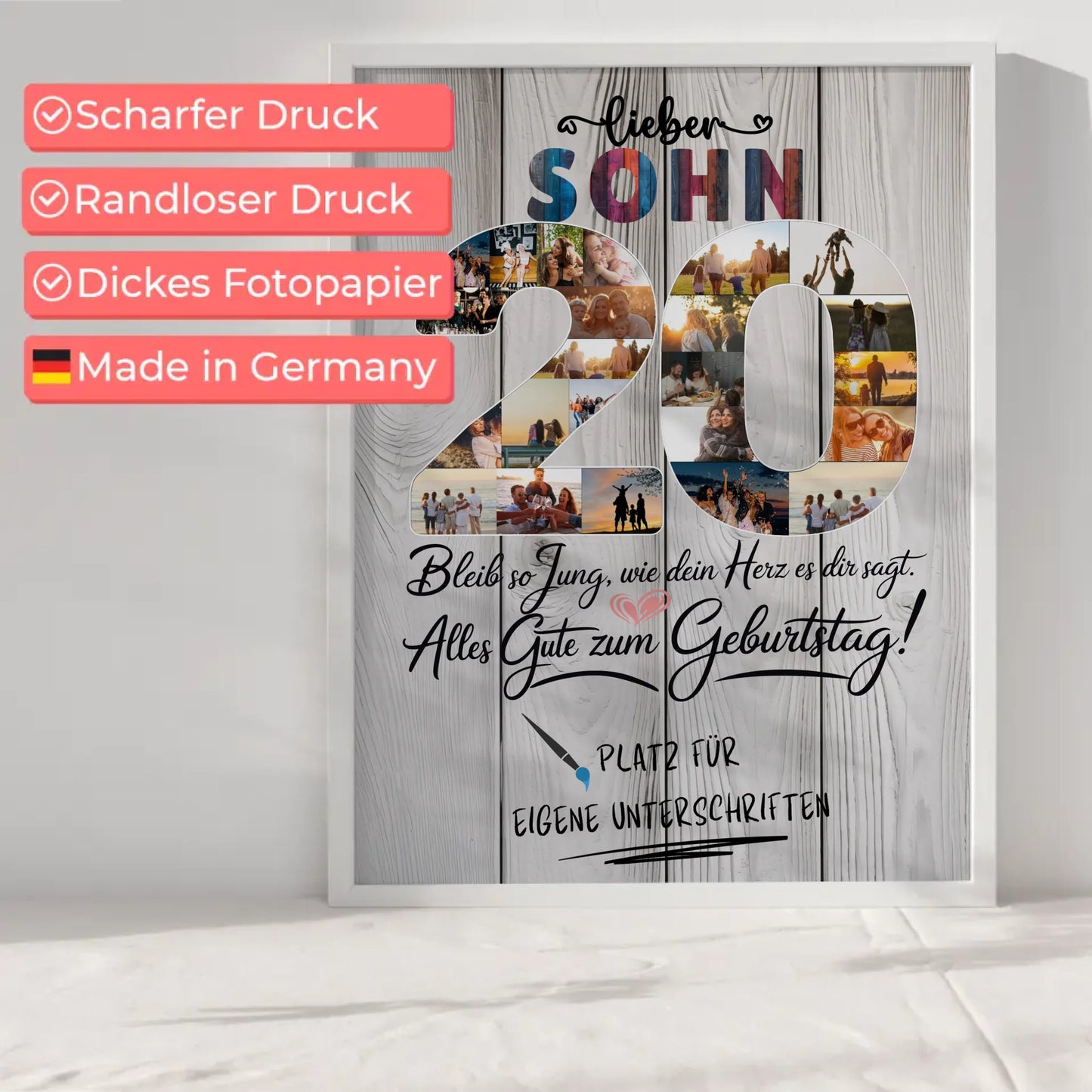 Personalisiertes Poster mit Unterschriften Sohn 20 Geburtstag Fotos