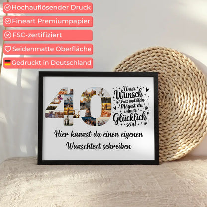 Personalisiertes Poster Wunschtext 40 Geburtstag Wunsch effektvoll