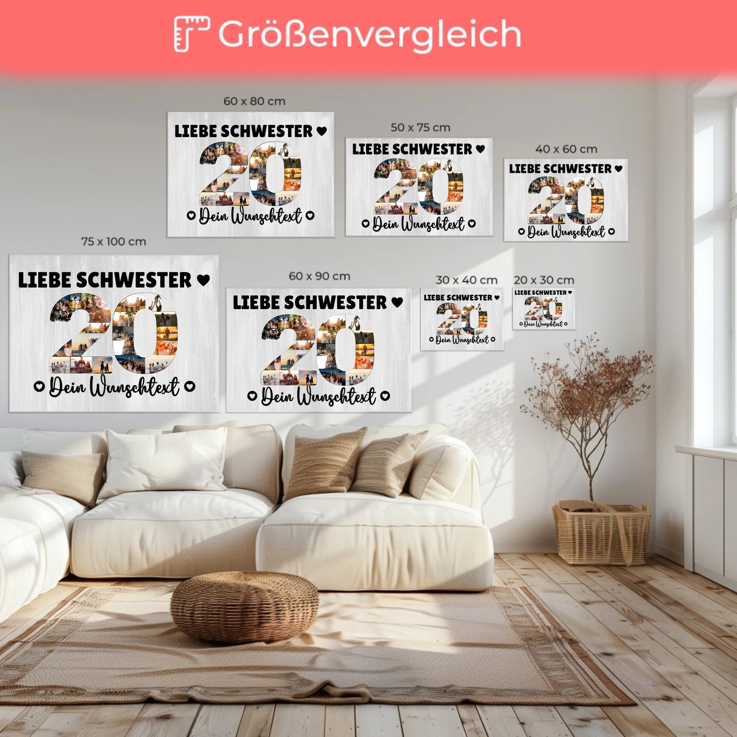 Personalisierte Fotoleinwand mit Wunschtext 20 Geburtstag Schwester