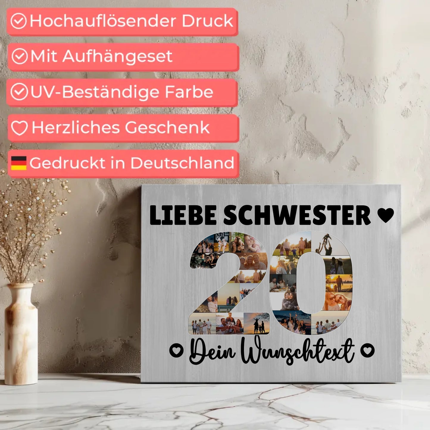 Personalisierte Fotoleinwand mit Wunschtext 20 Geburtstag Schwester