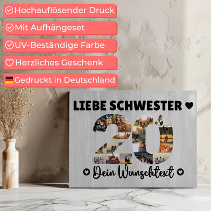 Personalisierte Fotoleinwand mit Wunschtext 20 Geburtstag Schwester