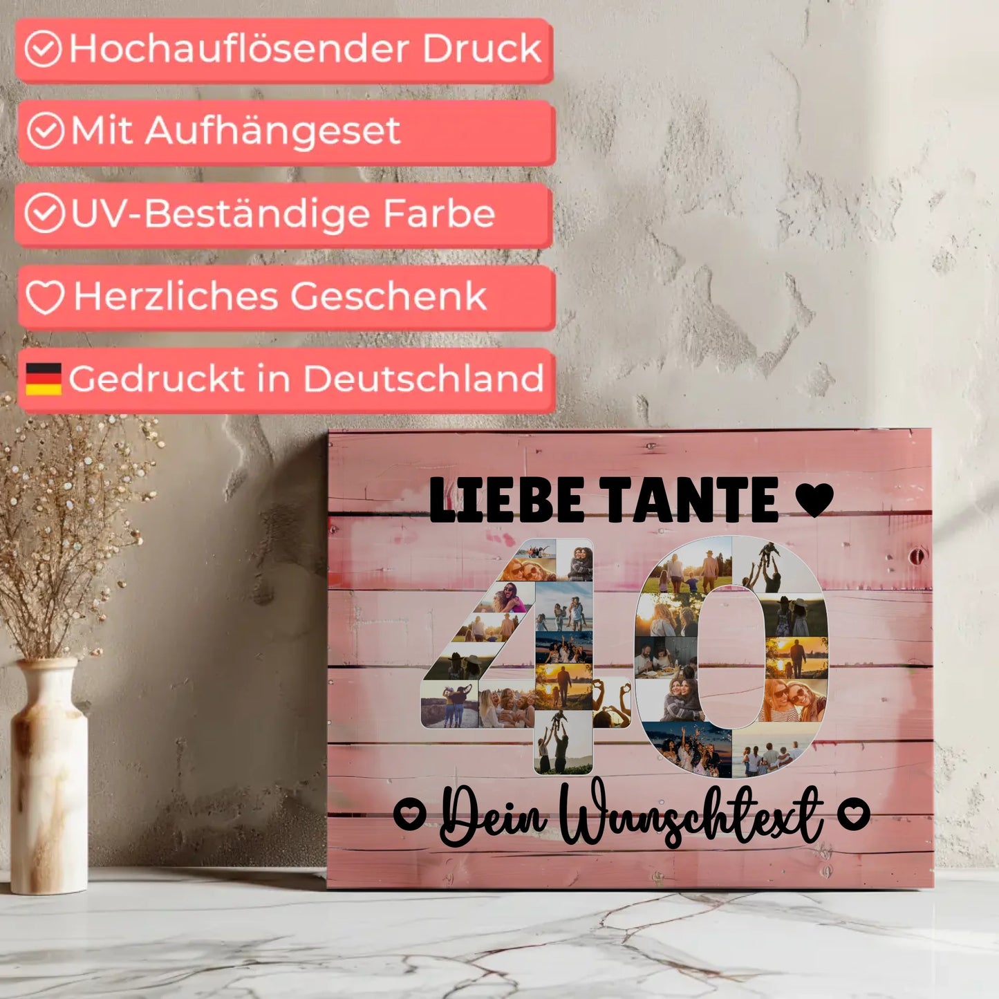 Personalisierte Fotoleinwand mit Wunschtext zum 40 Geburtstag Tante