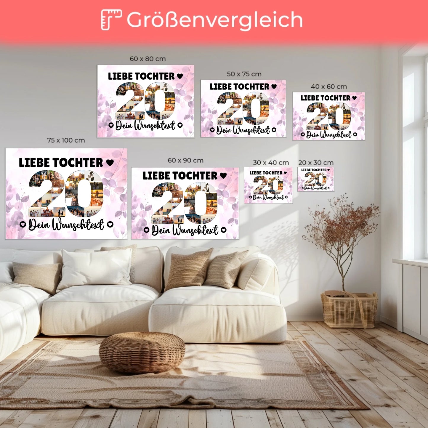 Personalisierte Fotoleinwand Wunschtext 20 Geburtstag Tochter