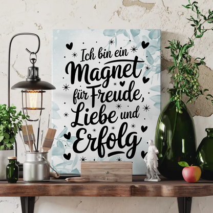 Affirmation Spruch Leinwand Ich bin ein Magnet für Freude Liebe Erfolg positiv