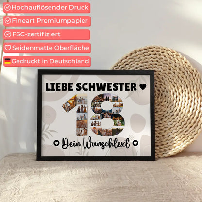 Personalisiertes Poster Wunschtext 18 Geburtstag Schwester