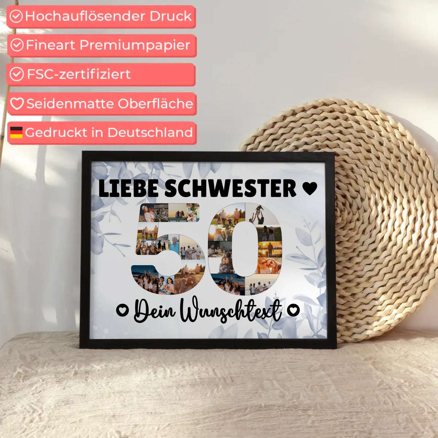 Personalisiertes Poster mit Wunschtext zum 50 Geburtstag Schwester
