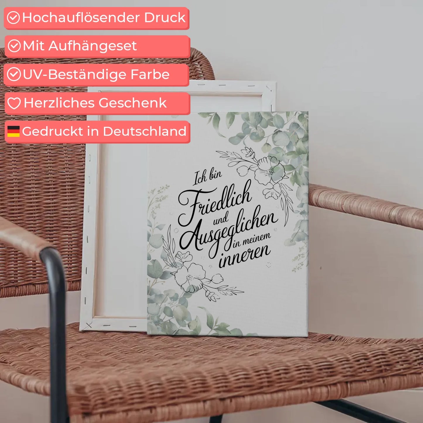 Affirmation Spruch Leinwand Ich bin friedlich und ausgeglichen