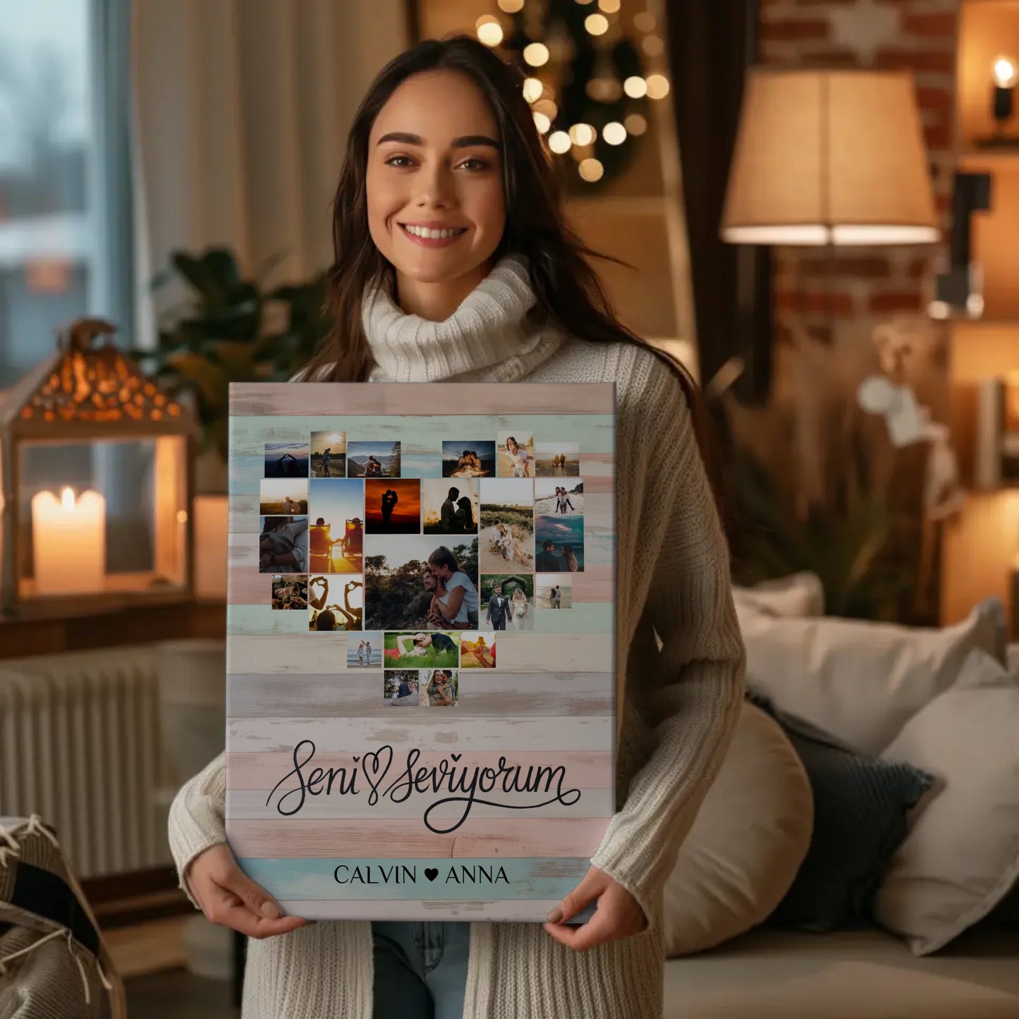 Personalisierte Fotoleinwand Liebe Fotocollage Seni Seviyorum