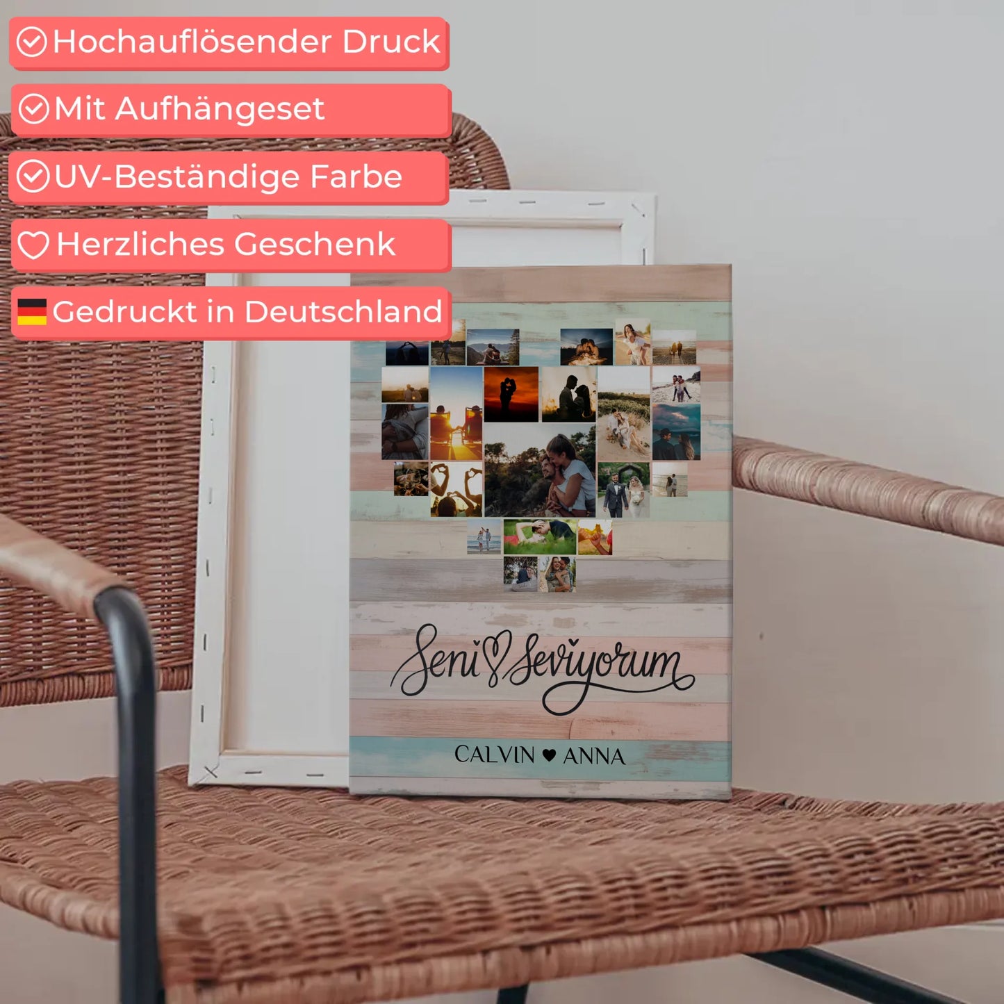 Personalisierte Fotoleinwand Liebe Fotocollage Seni Seviyorum