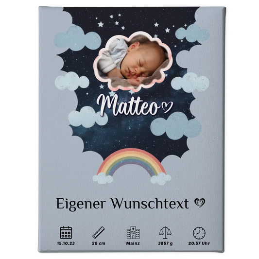 Personalisiertes Geburts Leinwand Poster Foto Wolke Sternmuster Jungen Blau