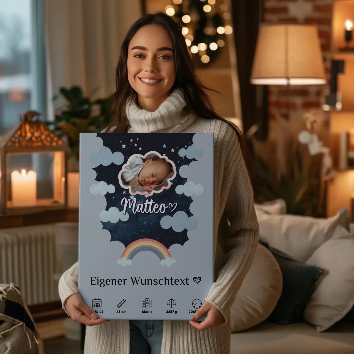 Personalisiertes Geburts Leinwand Poster Foto Wolke Sternmuster Jungen Blau