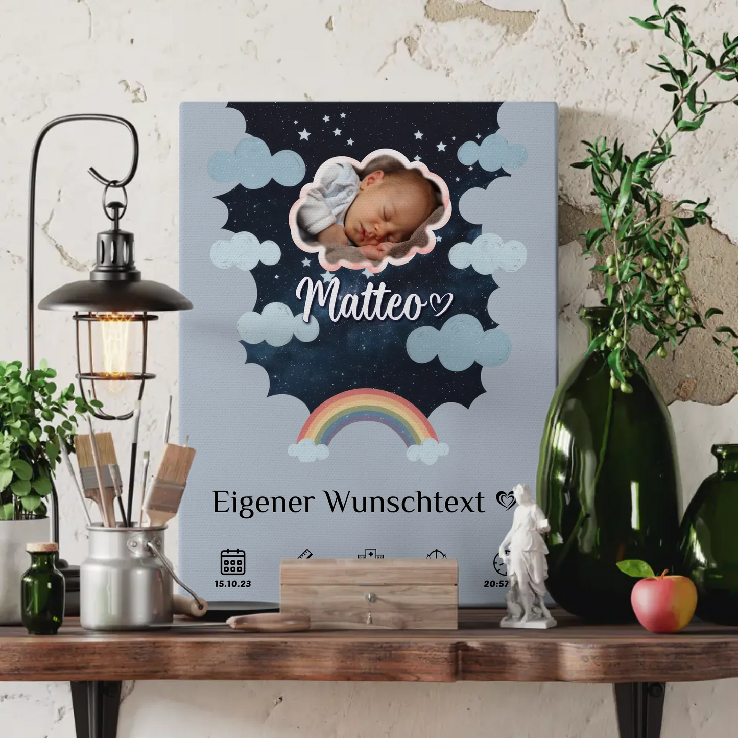 Personalisiertes Geburts Leinwand Poster Foto Wolke Sternmuster Jungen Blau