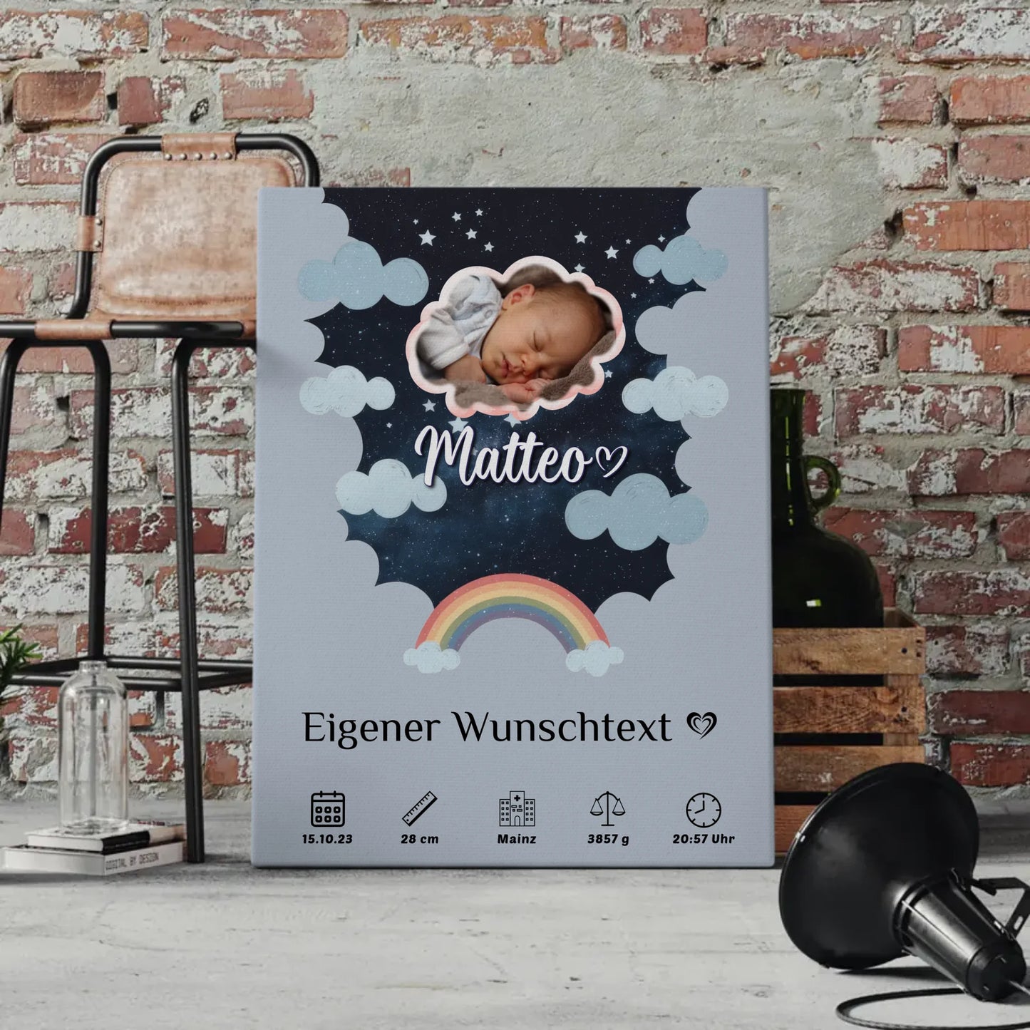 Personalisiertes Geburts Leinwand Poster Foto Wolke Sternmuster Jungen Blau