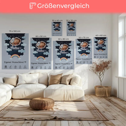 Personalisiertes Geburts Leinwand Poster Foto Wolke Sternmuster Jungen Blau