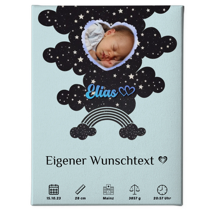 Personalisierte Fotoleinwand Herz Geburtsposter Sternchen Jungen Blau