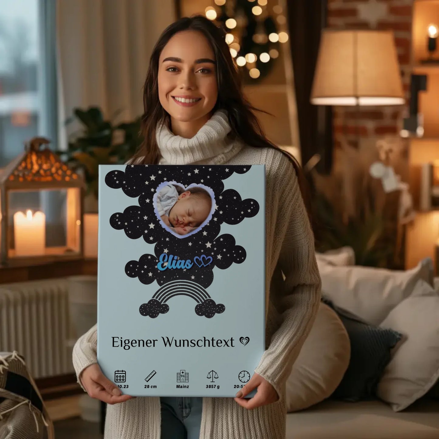 Personalisierte Fotoleinwand Herz Geburtsposter Sternchen Jungen Blau