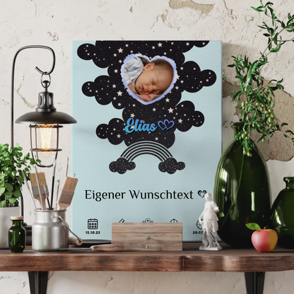 Personalisierte Fotoleinwand Herz Geburtsposter Sternchen Jungen Blau