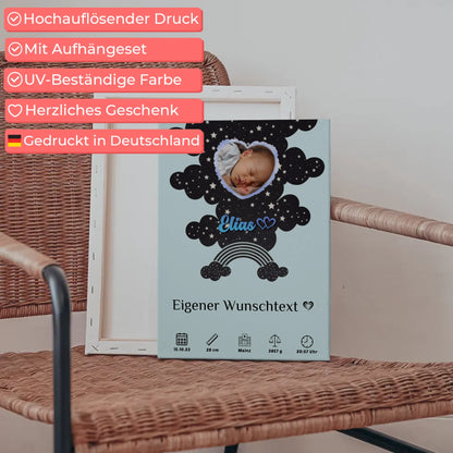 Personalisierte Fotoleinwand Herz Geburtsposter Sternchen Jungen Blau