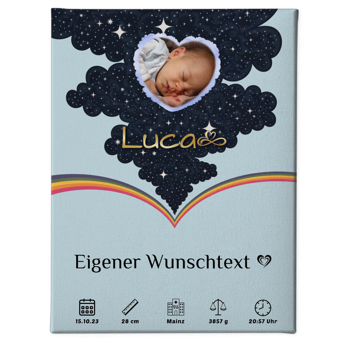 Leinwand Zur Geburt Foto Herz personalisiert Geburtsposter Blau