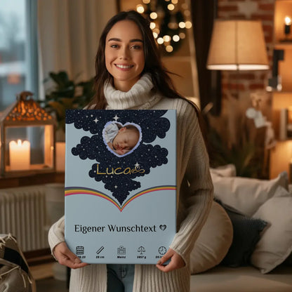 Leinwand Zur Geburt Foto Herz personalisiert Geburtsposter Blau
