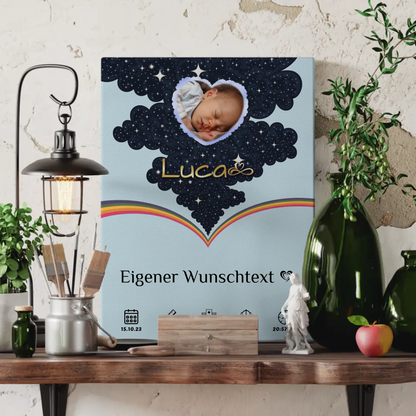 Leinwand Zur Geburt Foto Herz personalisiert Geburtsposter Blau