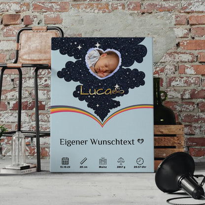 Leinwand Zur Geburt Foto Herz personalisiert Geburtsposter Blau