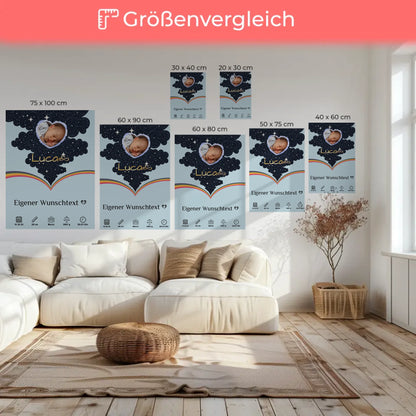 Leinwand Zur Geburt Foto Herz personalisiert Geburtsposter Blau