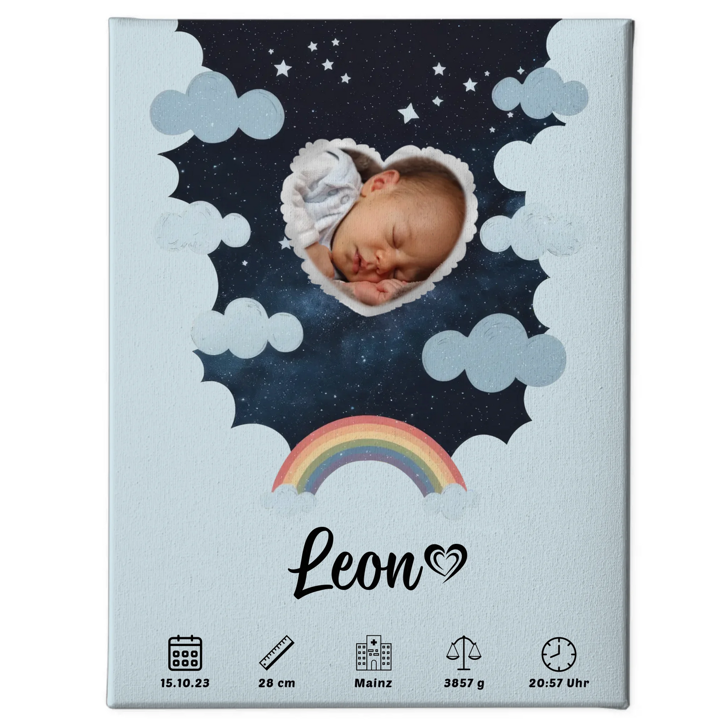 Personalisiertes Geburtsposter Stern Foto Herz für Jungen Blau