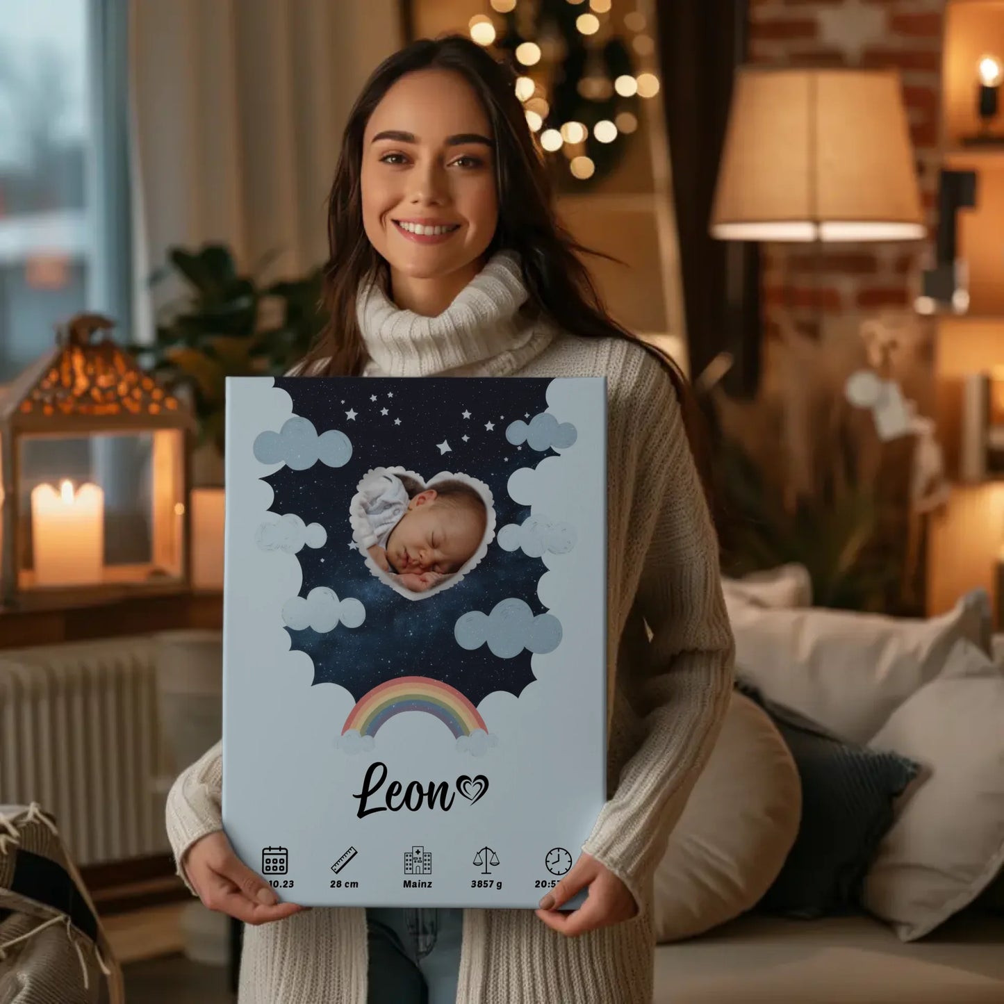 Personalisiertes Geburtsposter Stern Foto Herz für Jungen Blau