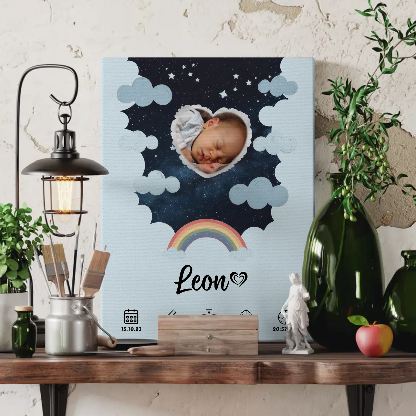 Personalisiertes Geburtsposter Stern Foto Herz für Jungen Blau