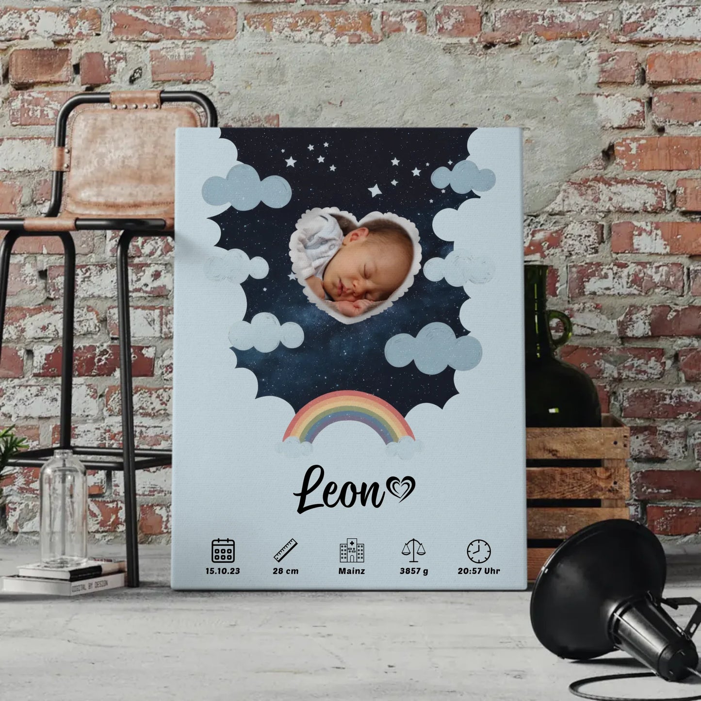 Personalisiertes Geburtsposter Stern Foto Herz für Jungen Blau