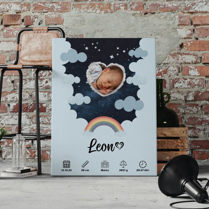 Personalisiertes Geburtsposter Stern Foto Herz für Jungen Blau