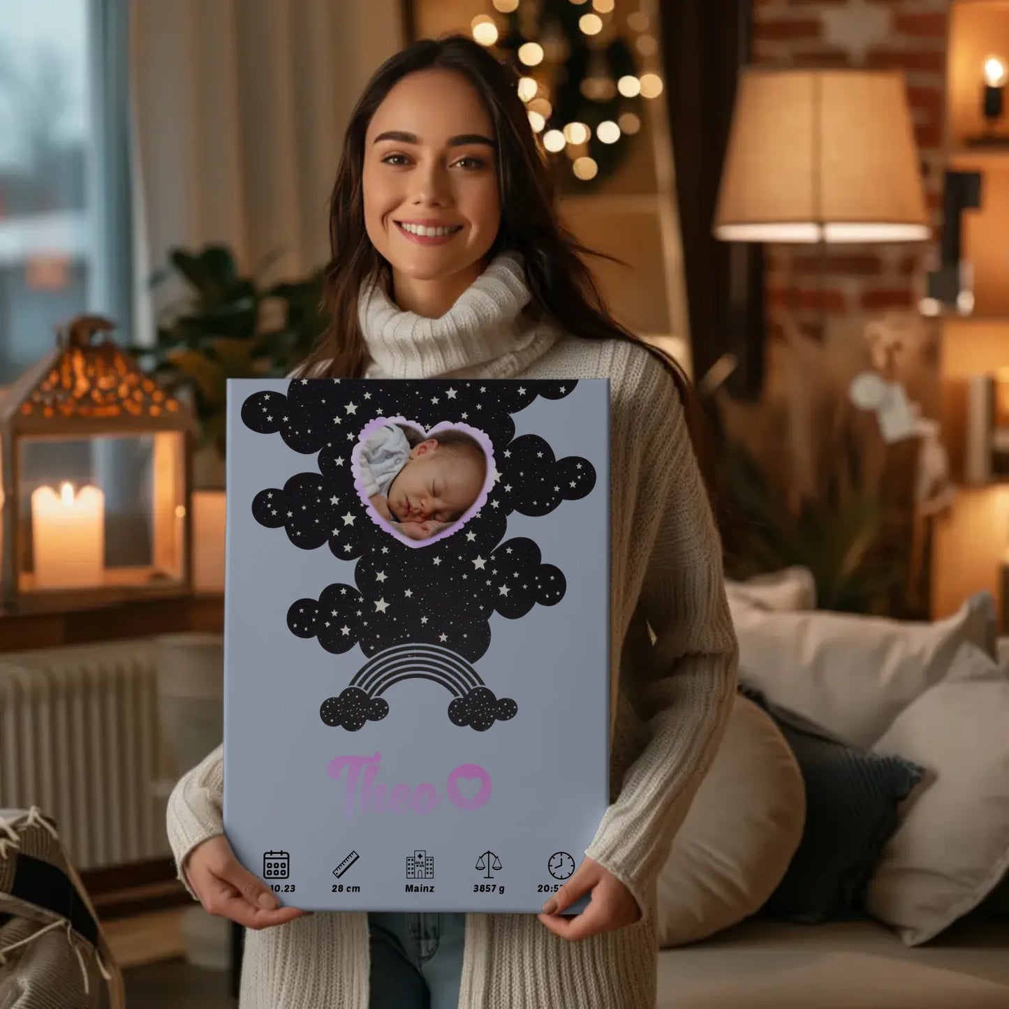 Geburtsposter Personalisiert Foto Herz Pünktchen Jungen Blau