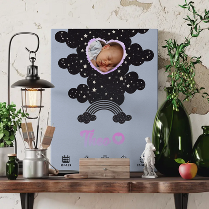 Geburtsposter Personalisiert Foto Herz Pünktchen Jungen Blau