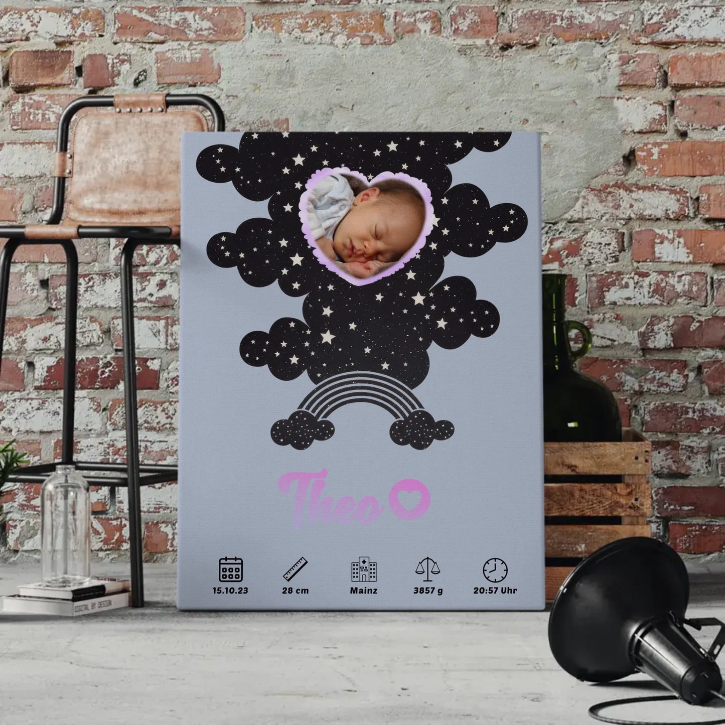 Geburtsposter Personalisiert Foto Herz Pünktchen Jungen Blau