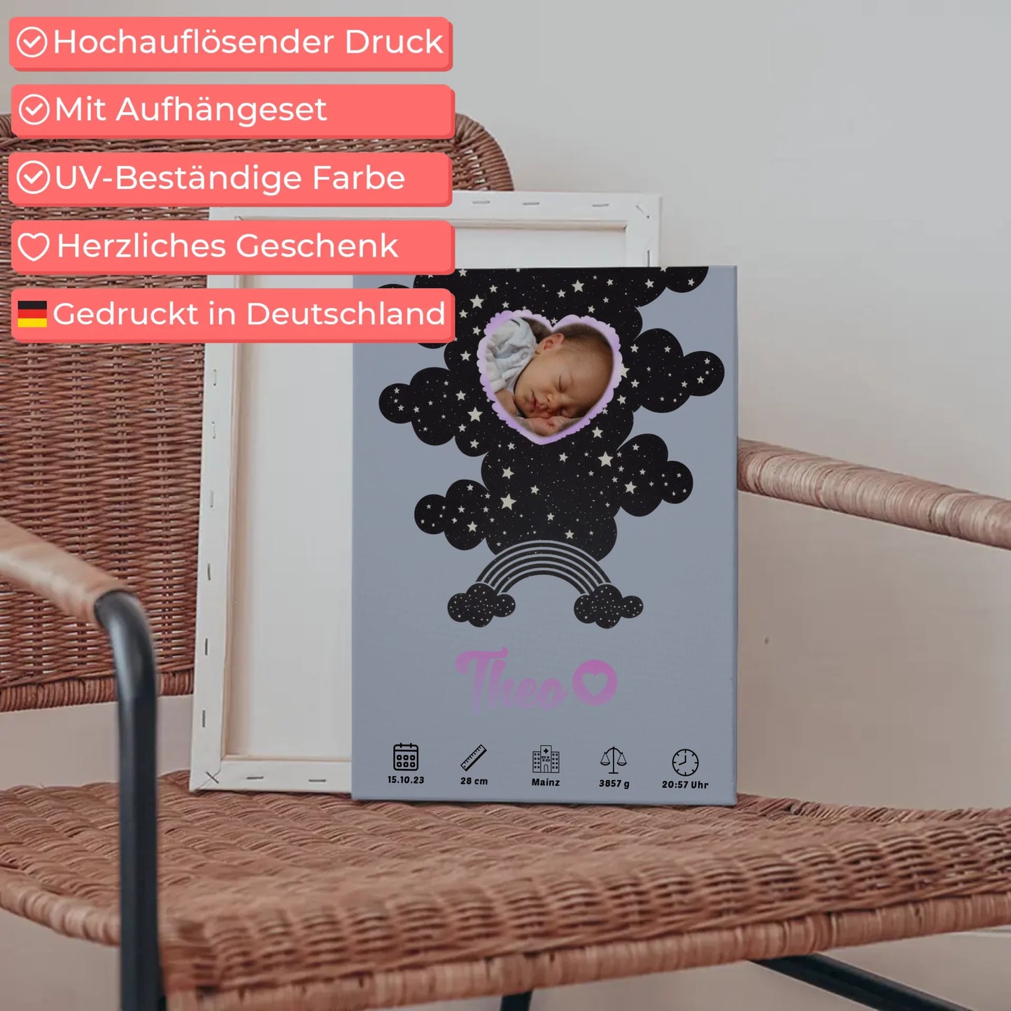 Geburtsposter Personalisiert Foto Herz Pünktchen Jungen Blau