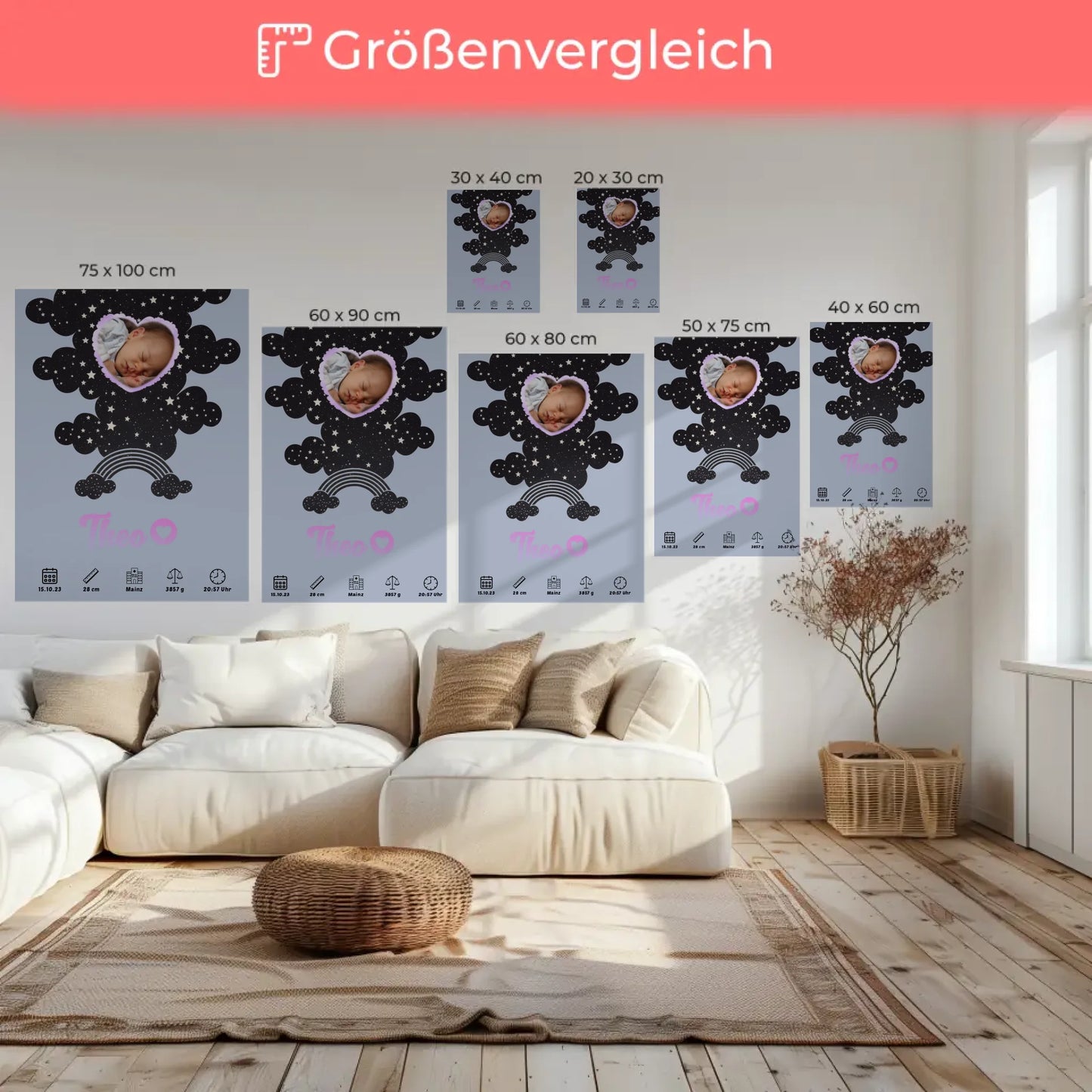 Geburtsposter Personalisiert Foto Herz Pünktchen Jungen Blau