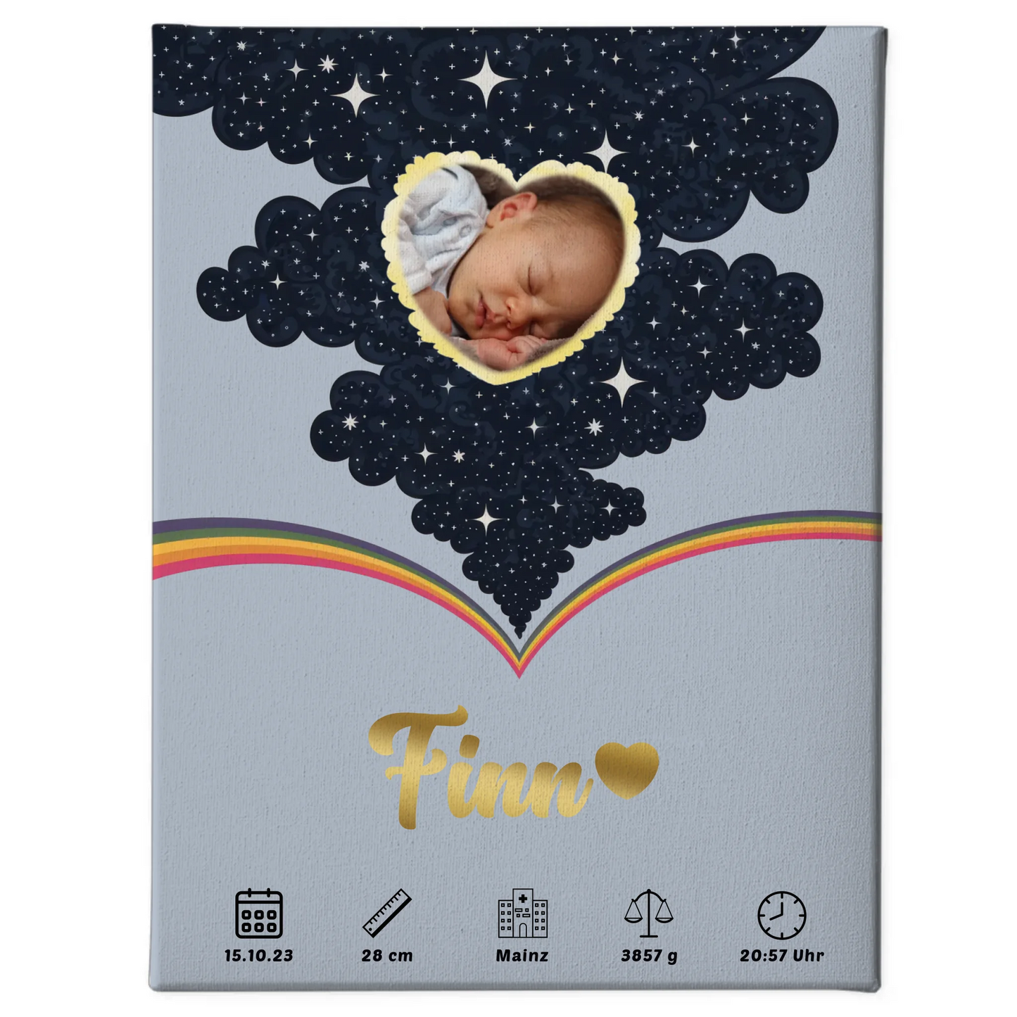 Leinwand Geburtsdaten Foto Herz personalisiert Geburtsposter Punkte Jungen Blau