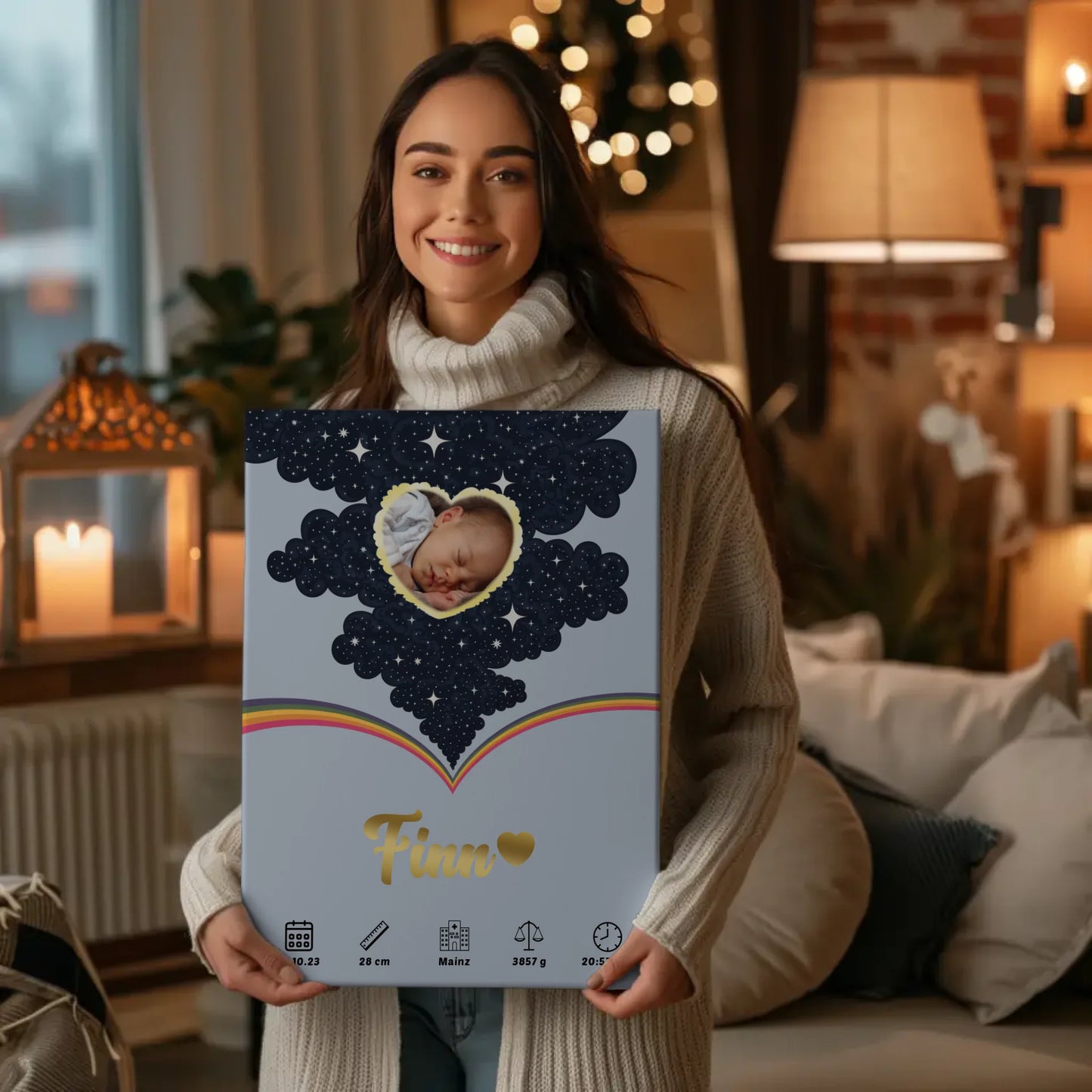 Leinwand Geburtsdaten Foto Herz personalisiert Geburtsposter Punkte Jungen Blau