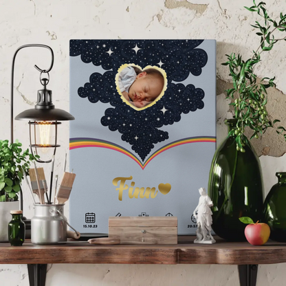 Leinwand Geburtsdaten Foto Herz personalisiert Geburtsposter Punkte Jungen Blau
