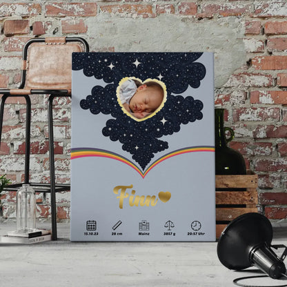 Leinwand Geburtsdaten Foto Herz personalisiert Geburtsposter Punkte Jungen Blau