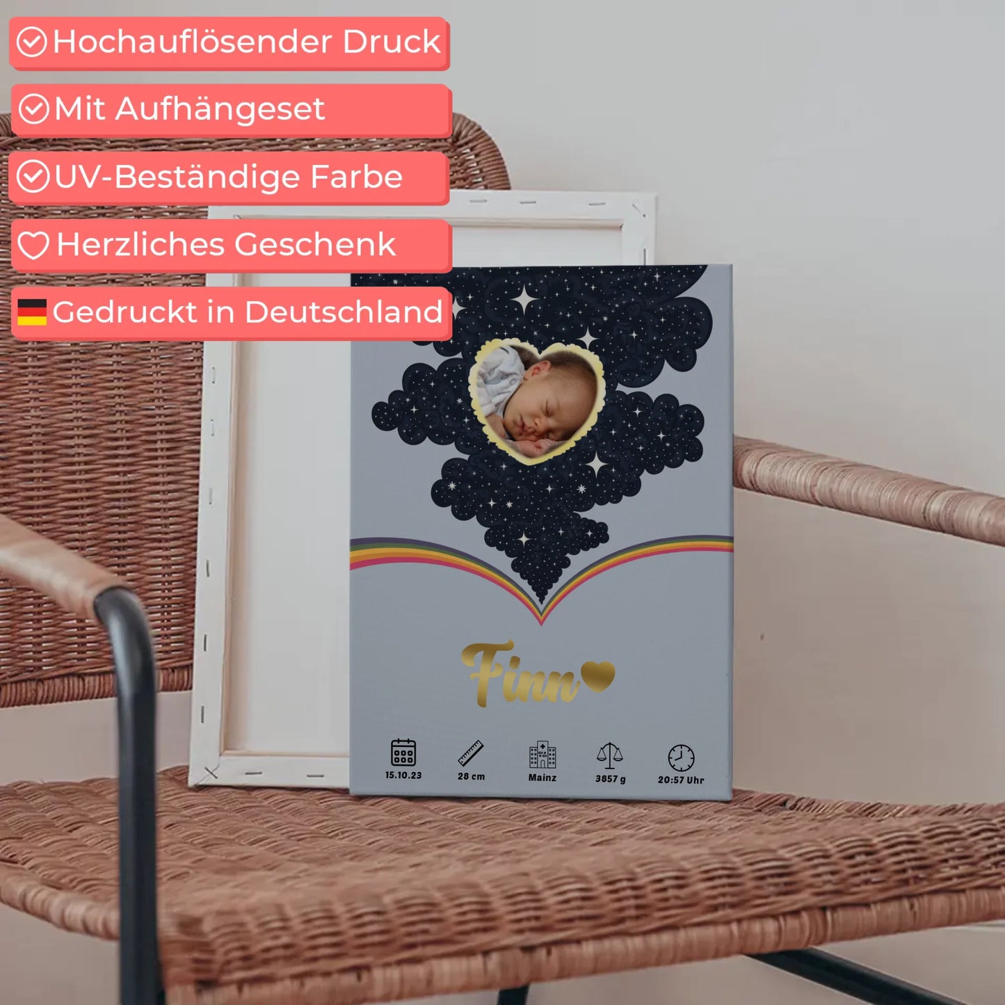 Leinwand Geburtsdaten Foto Herz personalisiert Geburtsposter Punkte Jungen Blau