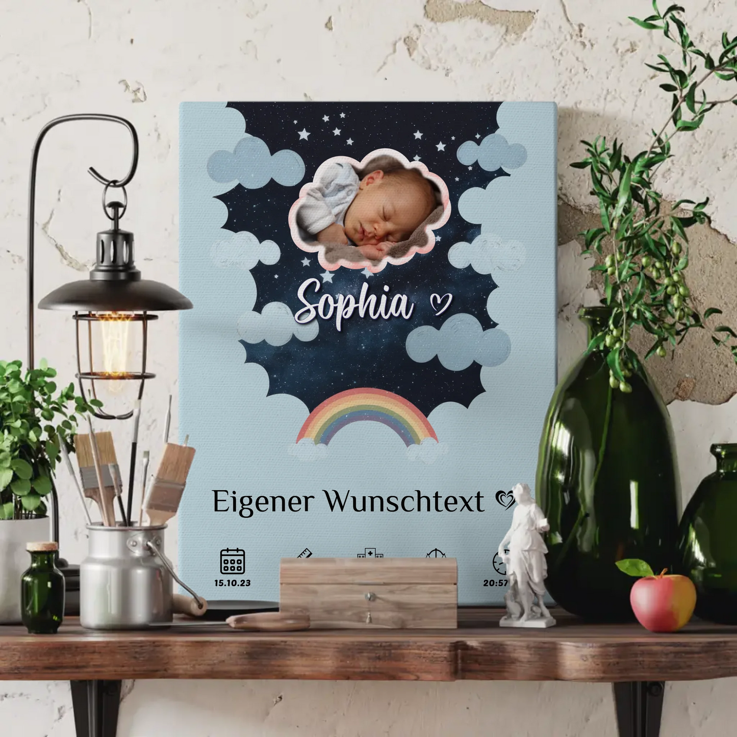 Personalisierte Geburts Leinwand Foto Wolke Geburtsposter Sternchen