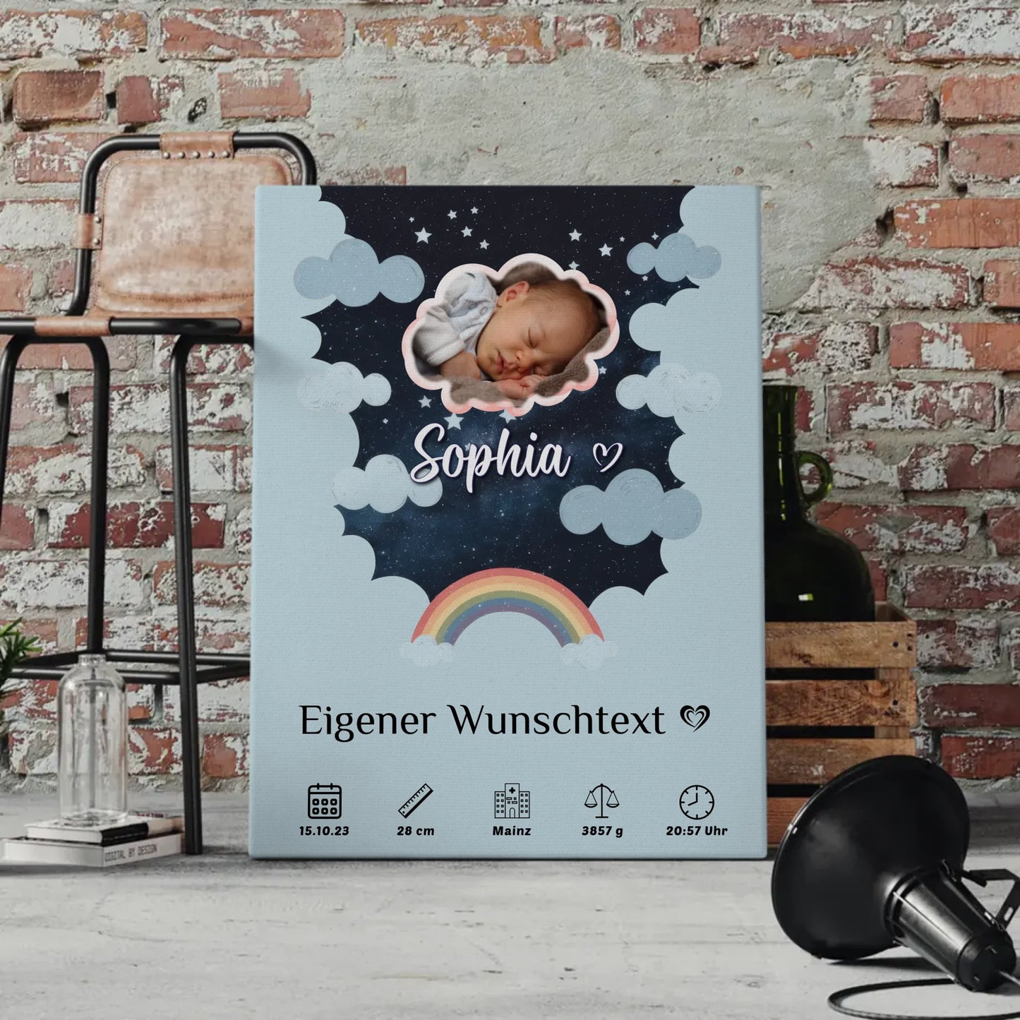 Personalisierte Geburts Leinwand Foto Wolke Geburtsposter Sternchen