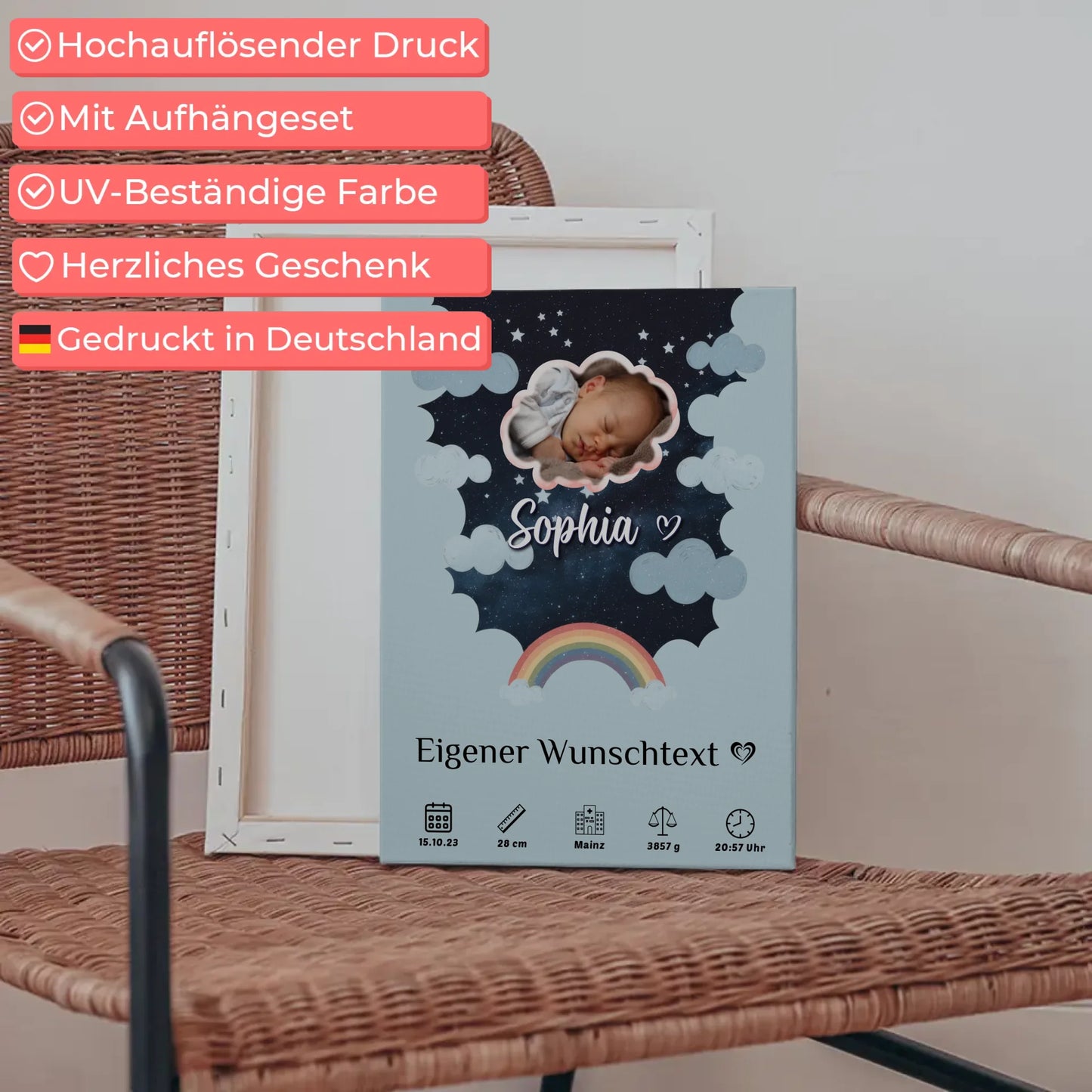 Personalisierte Geburts Leinwand Foto Wolke Geburtsposter Sternchen