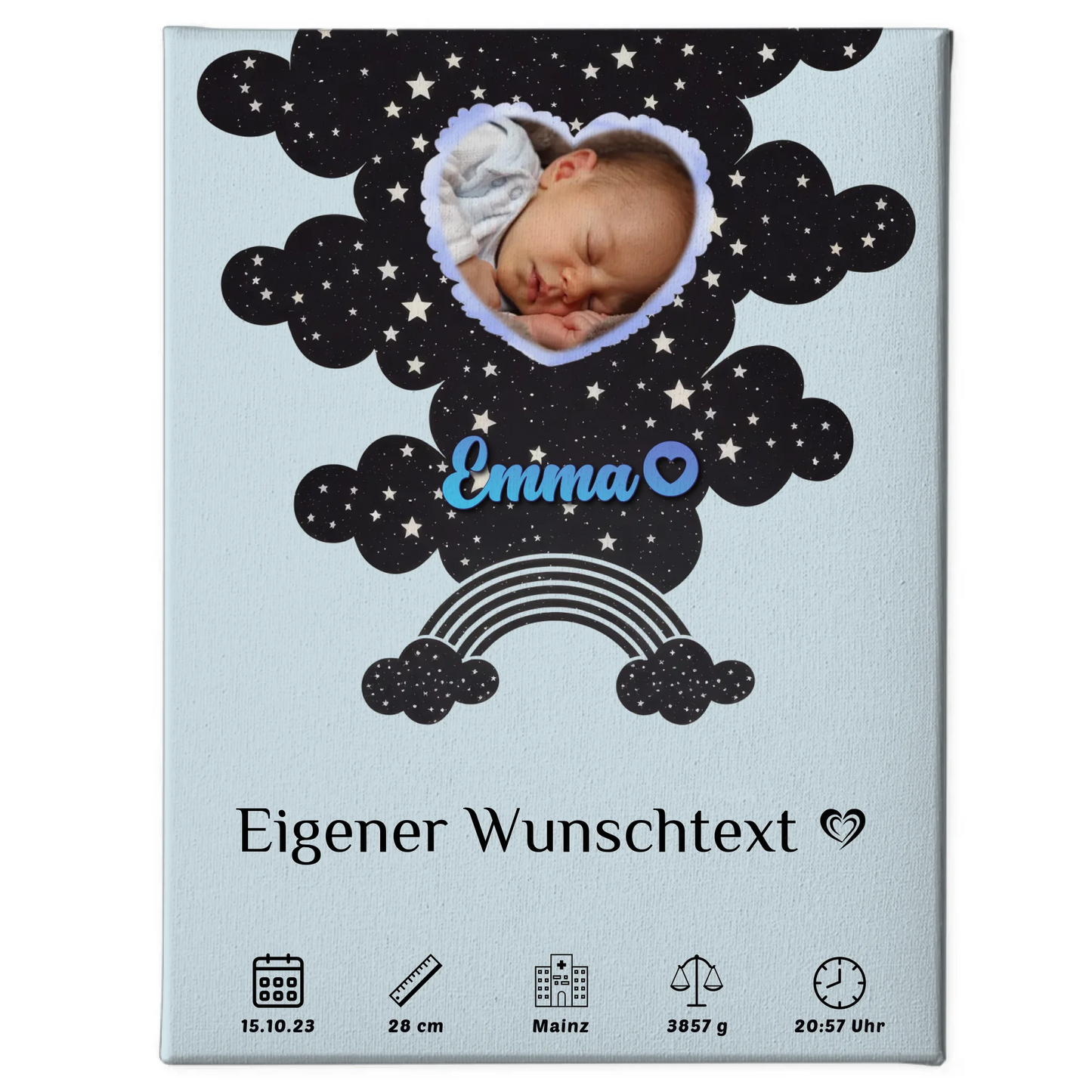 Personalisierte Fotoleinwand Geburt Foto Herz Little Stars