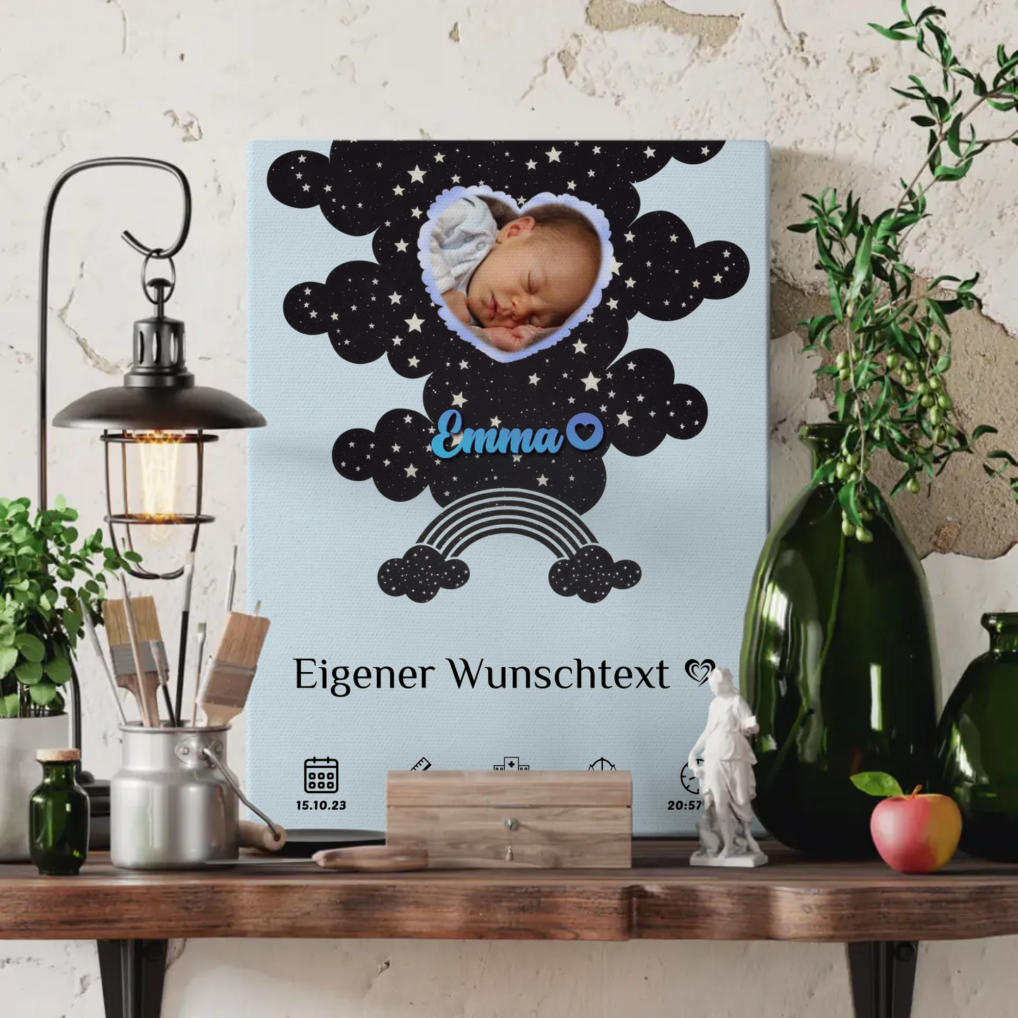 Personalisierte Fotoleinwand Geburt Foto Herz Little Stars