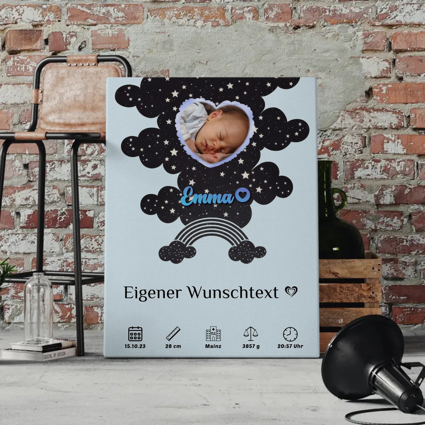 Personalisierte Fotoleinwand Geburt Foto Herz Little Stars